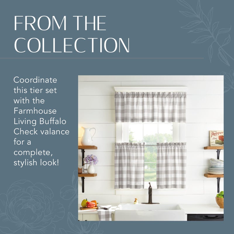 Elrene Home Fashions Farmhouse Living Buffalo-Check Tier Curtain Set for Bathroom or Kitchen Curtains, 30" x 24"(Set of 2 Tiers), Gray/White - Image 5
